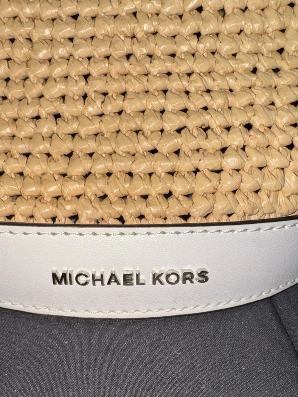 Michael Kors White & Tan Woven Crossbody Bucket Bag
